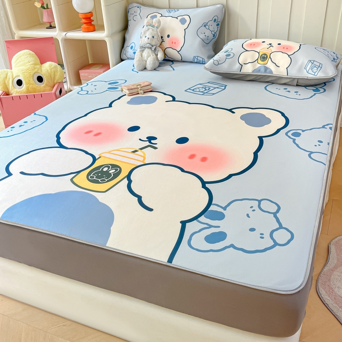 91家纺网 家纺一手货源 找家纺 柒月家居 2026新款大版印花碳光冰丝席床笠款凉席 床笠-萌宝