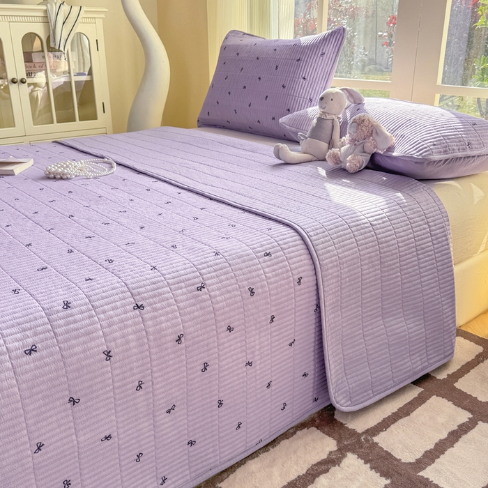 91家纺网 家纺一手货源 找家纺 晓时候 2026新款双层纱印花夏被床盖四件套新疆棉花被夏凉被空调被单夏被 蝴蝶结-紫