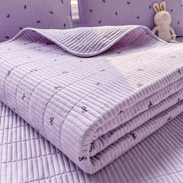 91家纺网 家纺一手货源 找家纺 晓时候 2026新款双层纱印花夏被床盖四件套新疆棉花被夏凉被空调被单夏被 蝴蝶结-紫