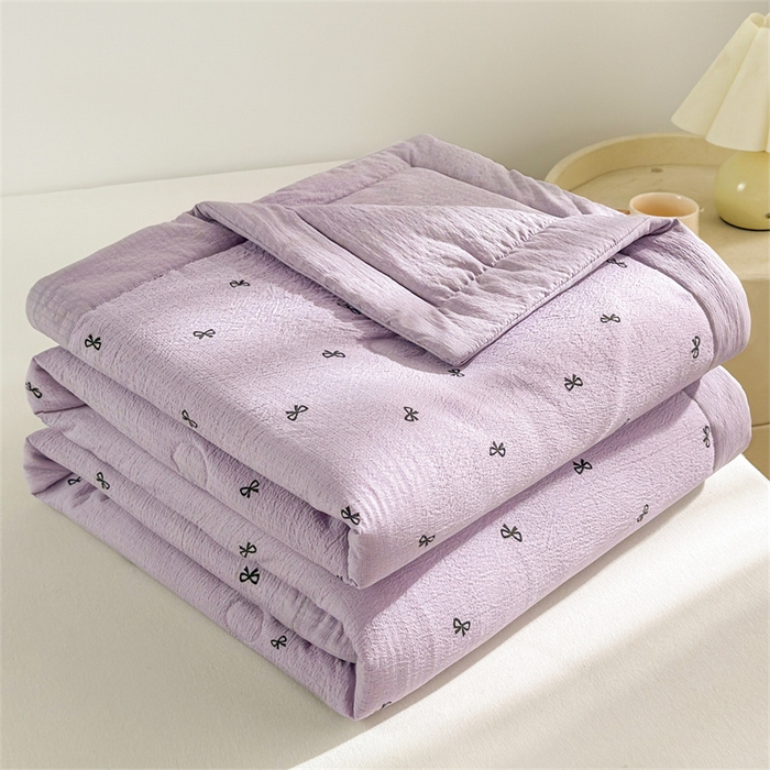 91家纺网 家纺一手货源 找家纺 晓时候 2026新款双层纱印花夏被床盖四件套新疆棉花被夏凉被空调被单夏被 蝴蝶结-紫