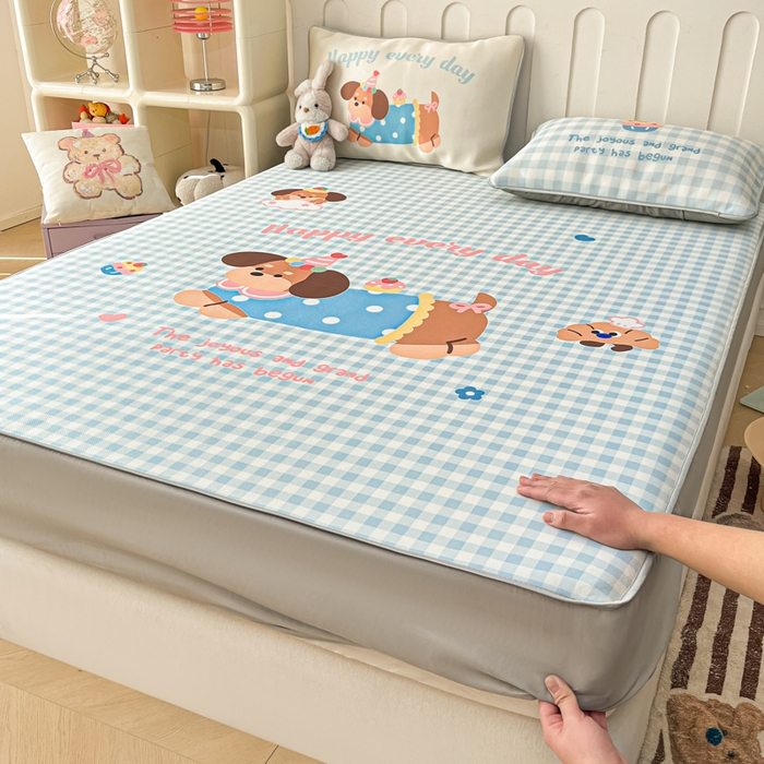 柒月家居 2026新款大版印花碳光冰丝席床笠款凉席 床笠-汪汪乐园