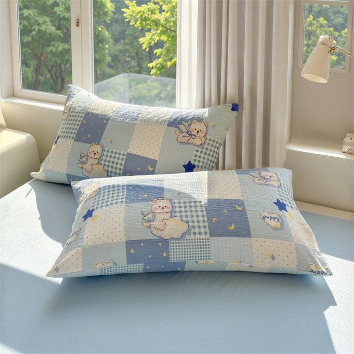 91家纺网 家纺一手货源 找家纺 晓时候 2026新款双层纱印花夏被床盖四件套新疆棉花被夏凉被空调被单夏被 蓝色泡芙狗