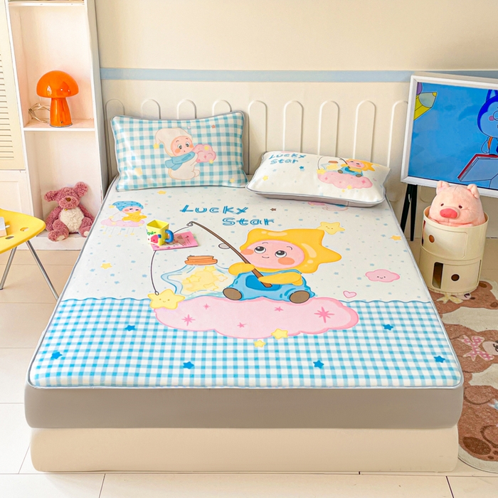 91家纺网 家纺一手货源 找家纺 柒月家居 2026新款大版印花碳光冰丝席床笠款凉席 床笠-星星之愿