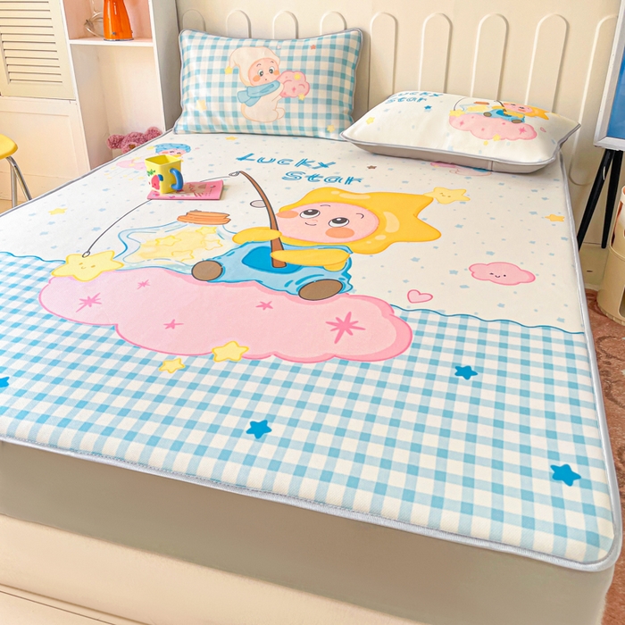 91家纺网 家纺一手货源 找家纺 柒月家居 2026新款大版印花碳光冰丝席床笠款凉席 床笠-星星之愿