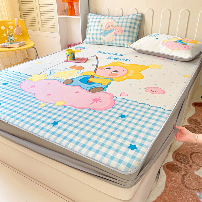 91家纺网 家纺一手货源 找家纺 柒月家居 2026新款大版印花碳光冰丝席床笠款凉席 床笠-星星之愿