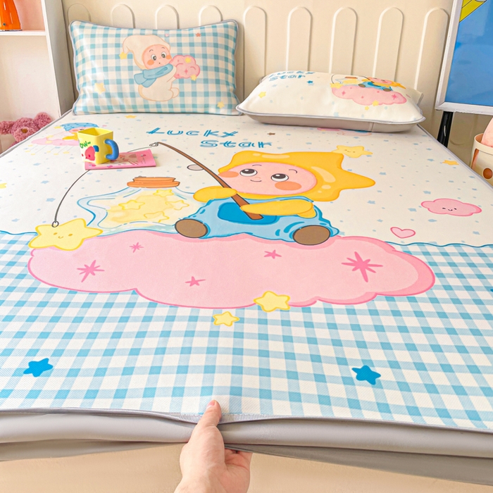 91家纺网 家纺一手货源 找家纺 柒月家居 2026新款大版印花碳光冰丝席床笠款凉席 床笠-星星之愿