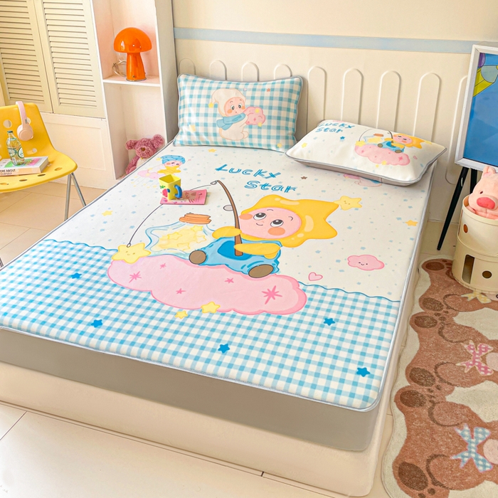 91家纺网 家纺一手货源 找家纺 柒月家居 2026新款大版印花碳光冰丝席床笠款凉席 床笠-星星之愿