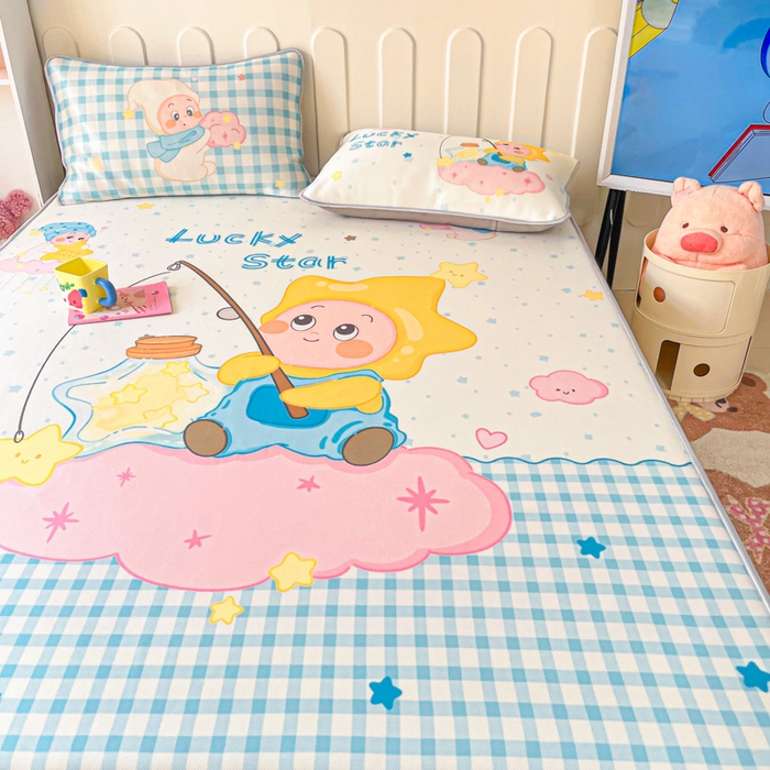 91家纺网 家纺一手货源 找家纺 柒月家居 2026新款大版印花碳光冰丝席床笠款凉席 床笠-星星之愿