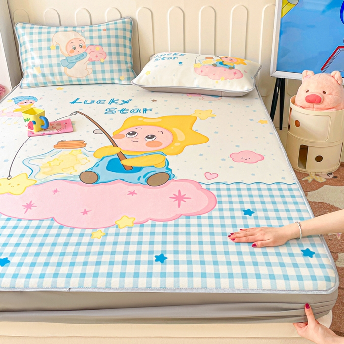 91家纺网 家纺一手货源 找家纺 柒月家居 2026新款大版印花碳光冰丝席床笠款凉席 床笠-星星之愿