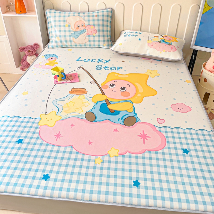 91家纺网 家纺一手货源 找家纺 柒月家居 2026新款大版印花碳光冰丝席床笠款凉席 床笠-星星之愿