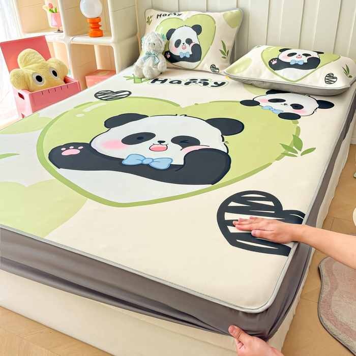 柒月家居 2026新款大版印花碳光冰丝席床笠款凉席 床笠-熊猫宝贝