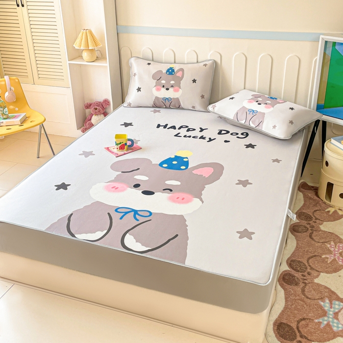 91家纺网 家纺一手货源 找家纺 柒月家居 2026新款大版印花碳光冰丝席床笠款凉席 床笠-雪纳瑞狗