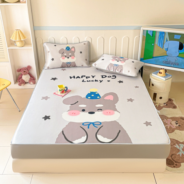 91家纺网 家纺一手货源 找家纺 柒月家居 2026新款大版印花碳光冰丝席床笠款凉席 床笠-雪纳瑞狗