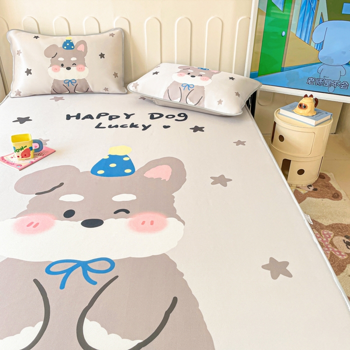 91家纺网 家纺一手货源 找家纺 柒月家居 2026新款大版印花碳光冰丝席床笠款凉席 床笠-雪纳瑞狗