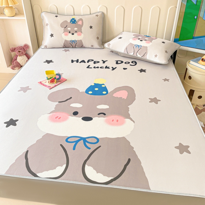 91家纺网 家纺一手货源 找家纺 柒月家居 2026新款大版印花碳光冰丝席床笠款凉席 床笠-雪纳瑞狗