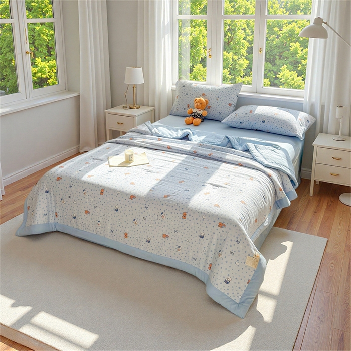 91家纺网 家纺一手货源 找家纺 晓时候 2026新款双层纱印花夏被床盖四件套新疆棉花被夏凉被空调被单夏被 俏皮狗