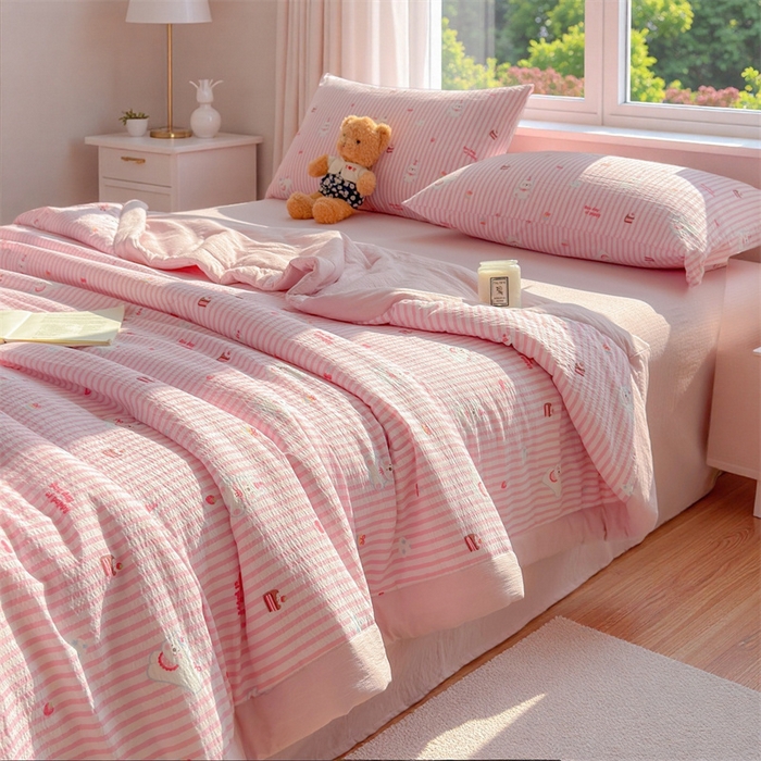 91家纺网 家纺一手货源 找家纺 晓时候 2026新款双层纱印花夏被床盖四件套新疆棉花被夏凉被空调被单夏被 甜甜西高地