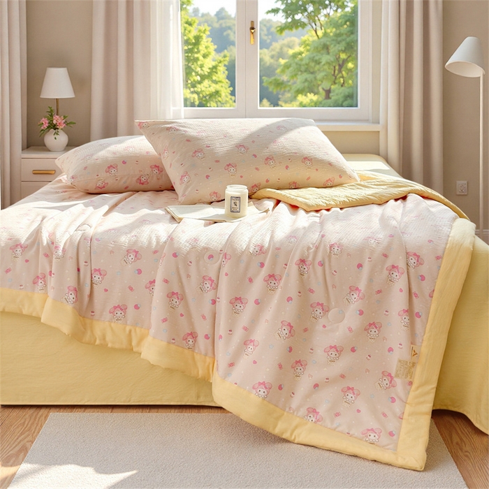 91家纺网 家纺一手货源 找家纺 晓时候 2026新款双层纱印花夏被床盖四件套新疆棉花被夏凉被空调被单夏被 甜心女孩