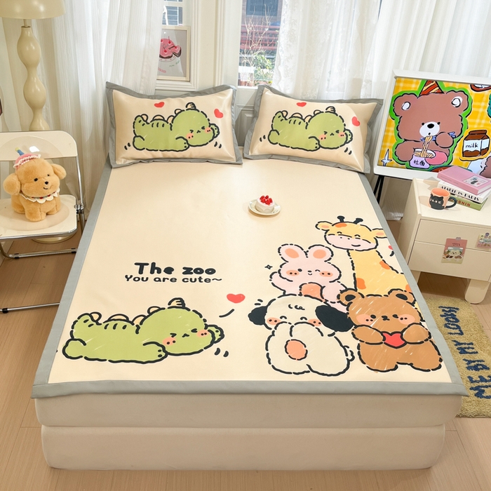 91家纺网 家纺一手货源 找家纺 柒月家居 2026新款大版印花碳光冰丝席床席款凉席 动物世界