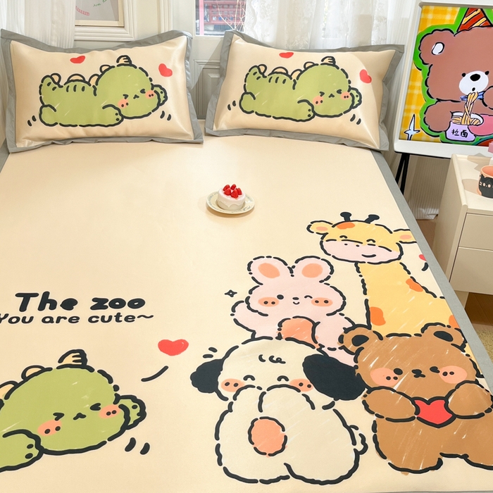 91家纺网 家纺一手货源 找家纺 柒月家居 2026新款大版印花碳光冰丝席床席款凉席 动物世界