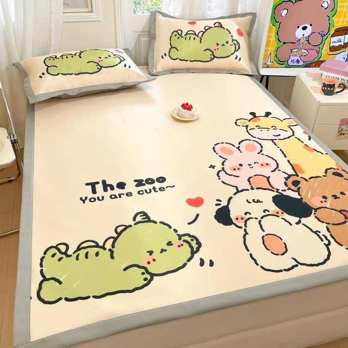 91家纺网 家纺一手货源 找家纺 柒月家居 2026新款大版印花碳光冰丝席床席款凉席 动物世界