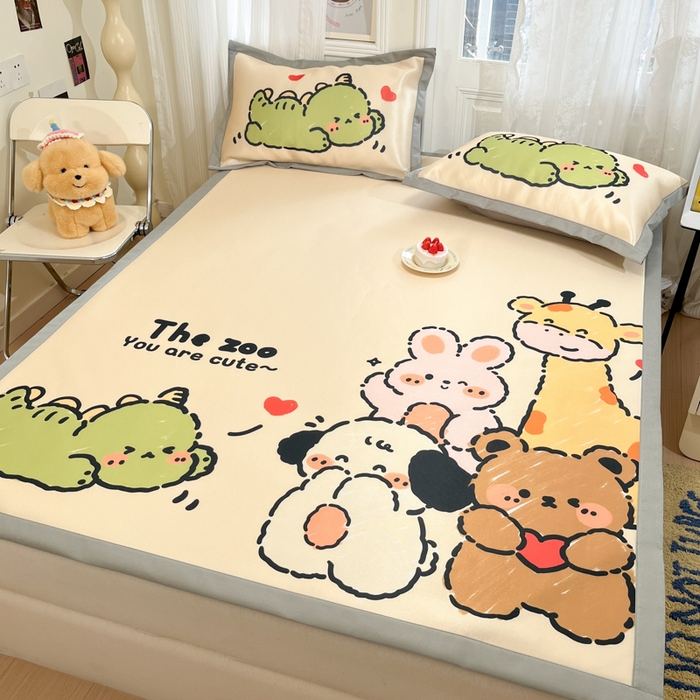 91家纺网 家纺一手货源 找家纺 柒月家居 2026新款大版印花碳光冰丝席床席款凉席 动物世界