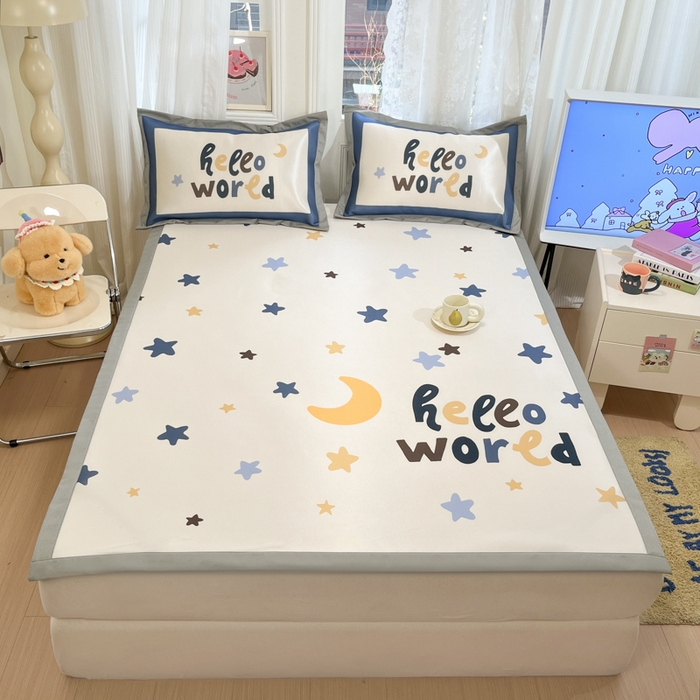 91家纺网 家纺一手货源 找家纺 柒月家居 2026新款大版印花碳光冰丝席床席款凉席 满天星辰