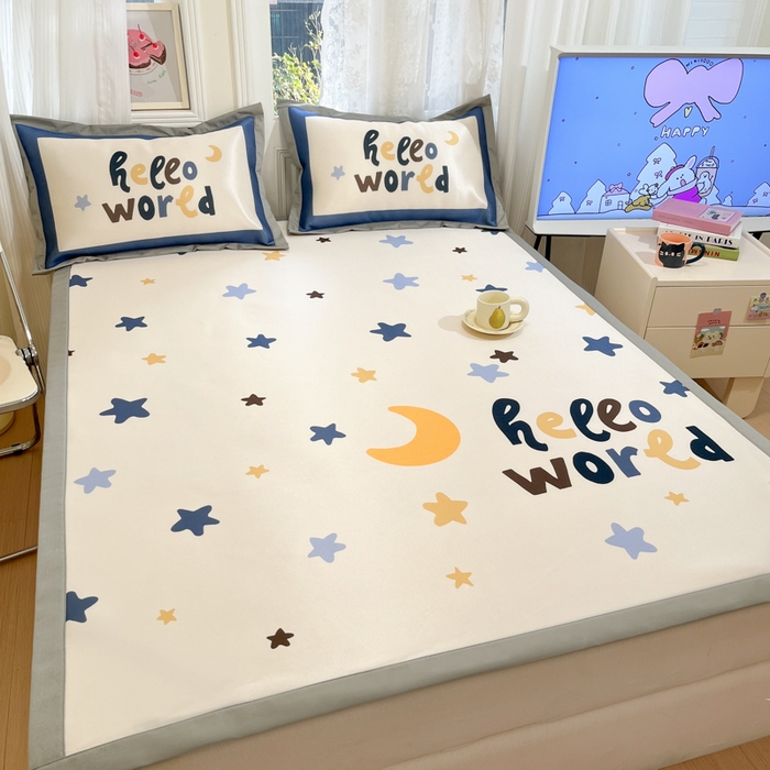 91家纺网 家纺一手货源 找家纺 柒月家居 2026新款大版印花碳光冰丝席床席款凉席 满天星辰