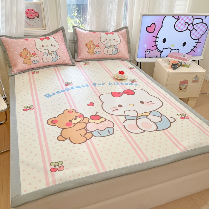 91家纺网 家纺一手货源 找家纺 柒月家居 2026新款大版印花碳光冰丝席床席款凉席 猫咪伙伴