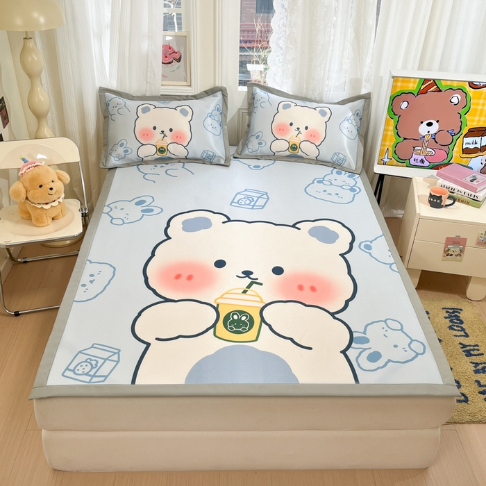 91家纺网 家纺一手货源 找家纺 柒月家居 2026新款大版印花碳光冰丝席床席款凉席 萌宝