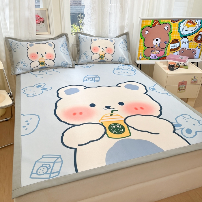 91家纺网 家纺一手货源 找家纺 柒月家居 2026新款大版印花碳光冰丝席床席款凉席 萌宝