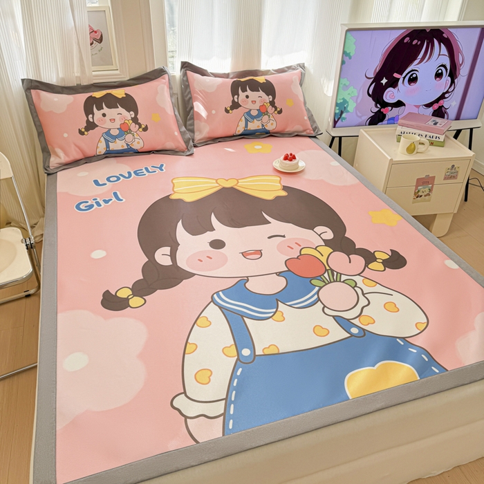 91家纺网 家纺一手货源 找家纺 柒月家居 2026新款大版印花碳光冰丝席床席款凉席 萌系女孩