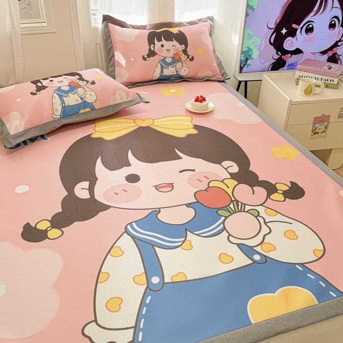 91家纺网 家纺一手货源 找家纺 柒月家居 2026新款大版印花碳光冰丝席床席款凉席 萌系女孩