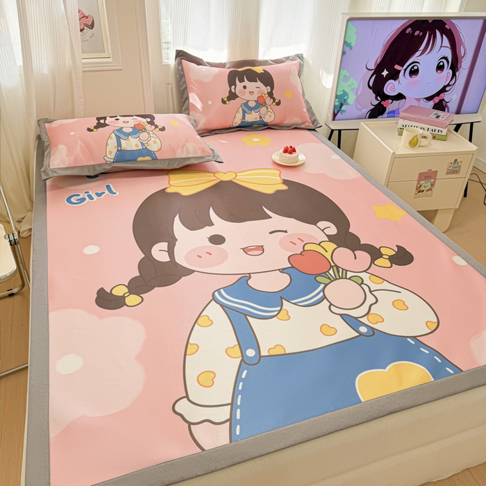 91家纺网 家纺一手货源 找家纺 柒月家居 2026新款大版印花碳光冰丝席床席款凉席 萌系女孩