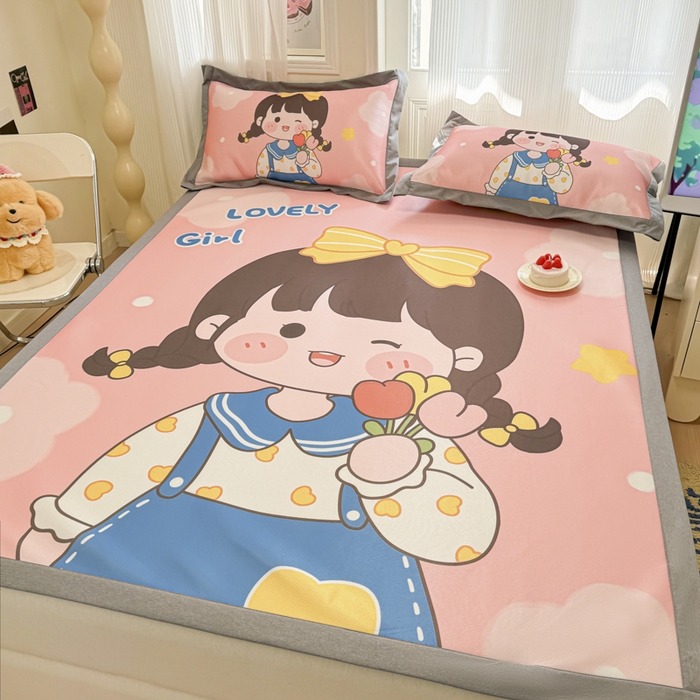 91家纺网 家纺一手货源 找家纺 柒月家居 2026新款大版印花碳光冰丝席床席款凉席 萌系女孩