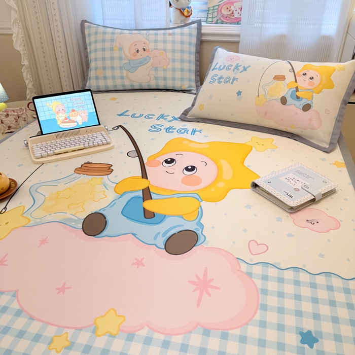 91家纺网 家纺一手货源 找家纺 柒月家居 2026新款大版印花碳光冰丝席床席款凉席 星星之愿