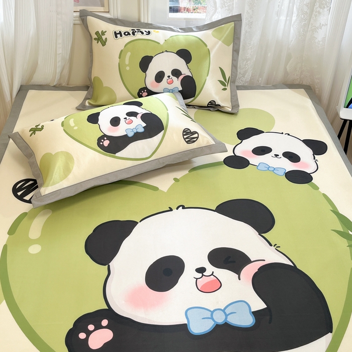 91家纺网 家纺一手货源 找家纺 柒月家居 2026新款大版印花碳光冰丝席床席款凉席 熊猫宝贝