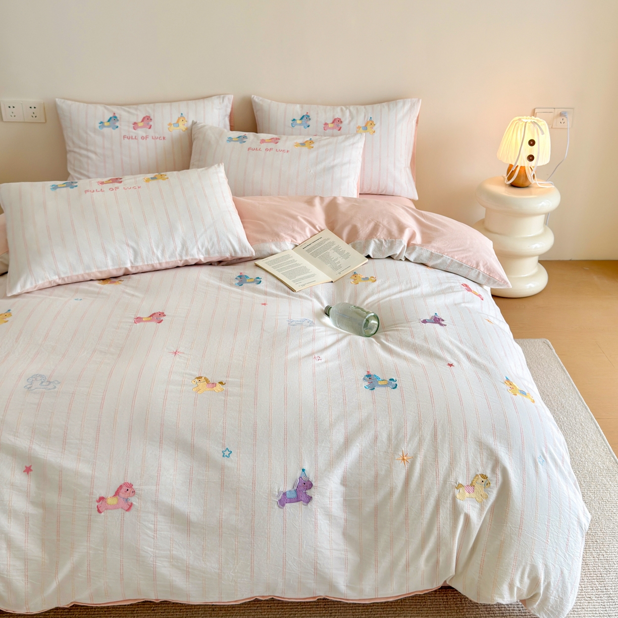 优彩 2026新款全棉纯棉色织提花水洗棉刺绣四件套-以梦为马 以梦为马-粉