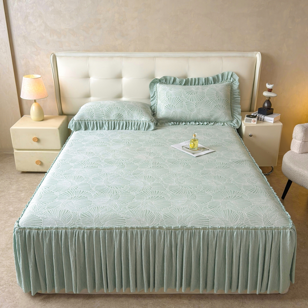 91家纺网 家纺一手货源 找家纺 （总）牵梦萦家纺 2026新款立体浮雕压花工艺凉感豆豆凉席-床裙款