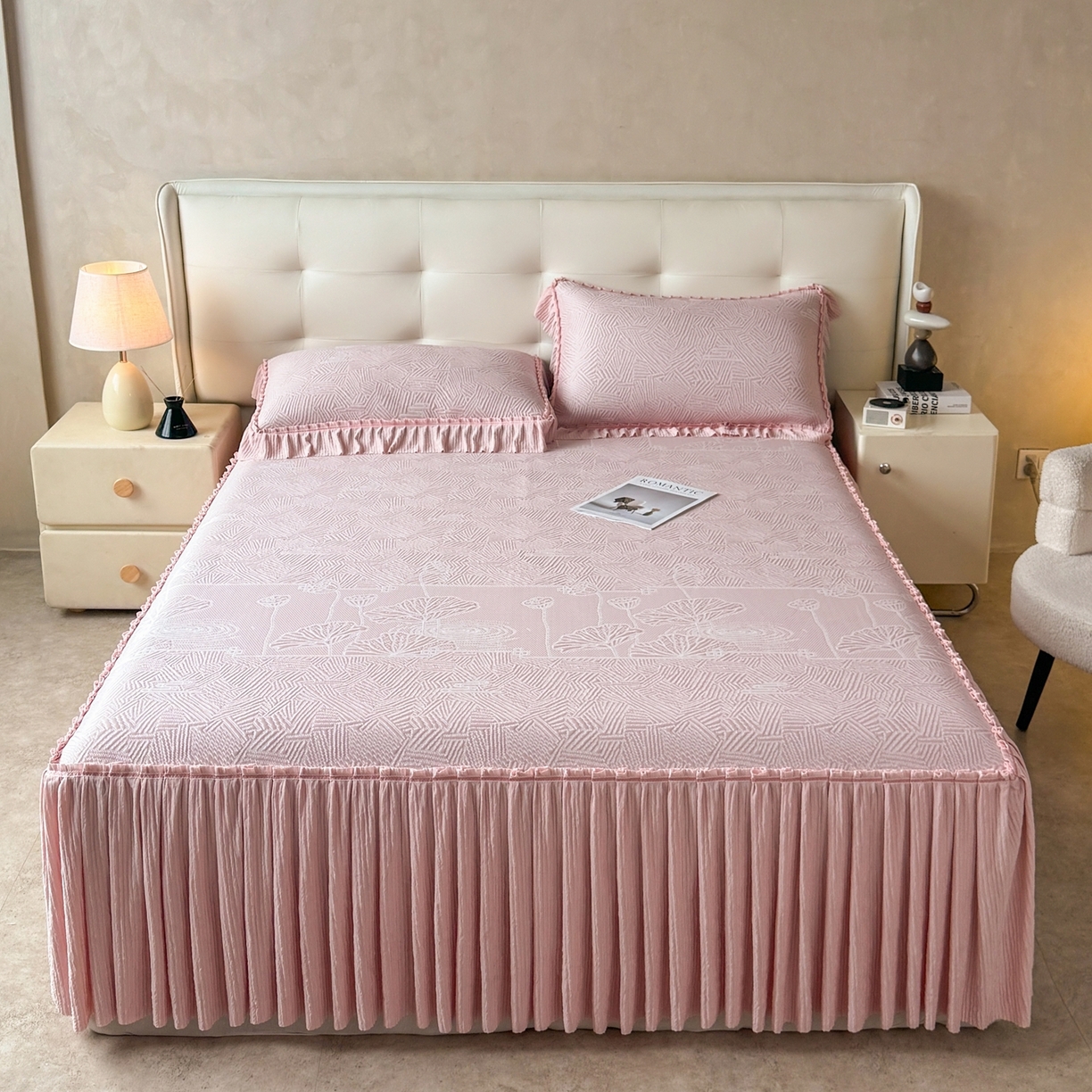 牵梦萦家纺 2026新款立体浮雕压花工艺凉感豆豆凉席-床裙款 荷塘月色-粉色