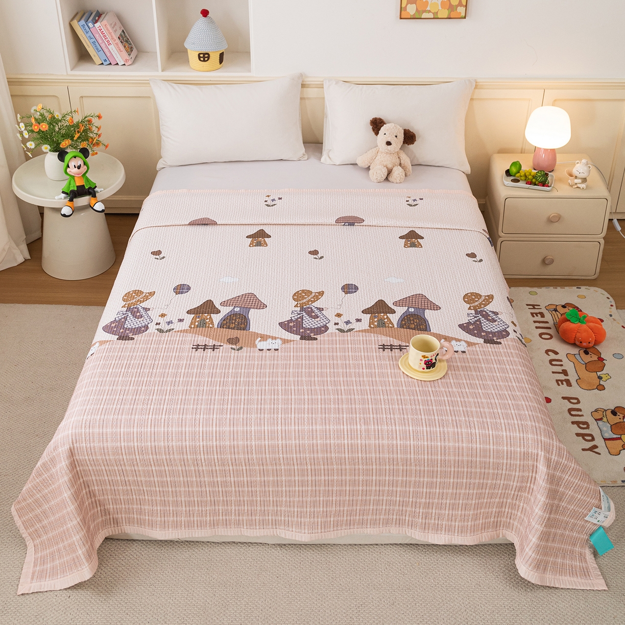 91家纺网 家纺一手货源 找家纺 源舜家纺 2026新款天丝莫代尔大版凉感床盖 蘑菇女孩