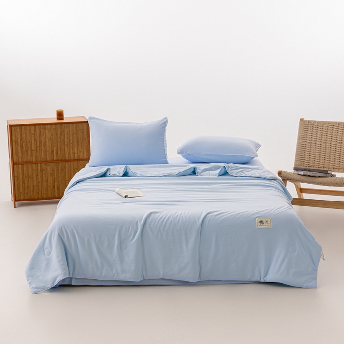 91家纺网 家纺一手货源 找家纺 迪梵家纺 2026新款A类无印风水洗棉格子纯色夏凉被大豆夏被空调被薄被（带买家秀） 海盐蓝