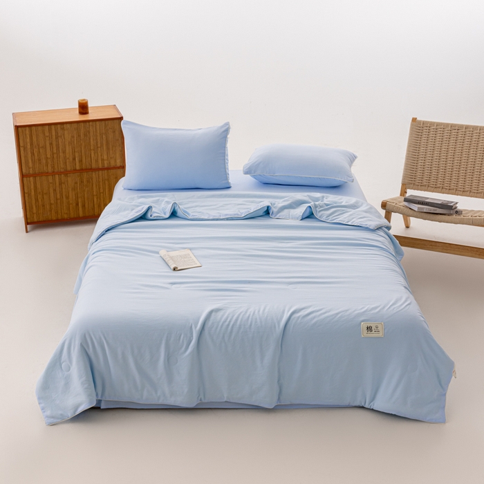 91家纺网 家纺一手货源 找家纺 迪梵家纺 2026新款A类无印风水洗棉格子纯色夏凉被大豆夏被空调被薄被（带买家秀） 海盐蓝