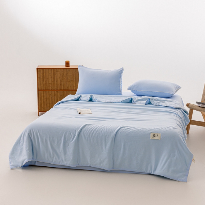 91家纺网 家纺一手货源 找家纺 迪梵家纺 2026新款A类无印风水洗棉格子纯色夏凉被大豆夏被空调被薄被（带买家秀） 海盐蓝