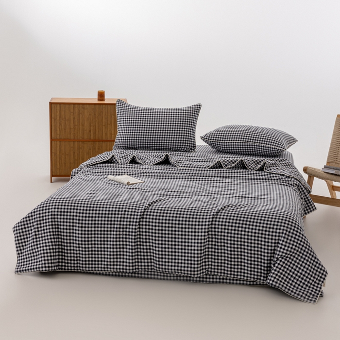 91家纺网 家纺一手货源 找家纺 迪梵家纺 2026新款A类无印风水洗棉格子纯色夏凉被大豆夏被空调被薄被（带买家秀） 黑小格