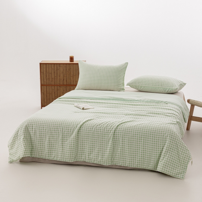 91家纺网 家纺一手货源 找家纺 迪梵家纺 2026新款A类无印风水洗棉格子纯色夏凉被大豆夏被空调被薄被（带买家秀） 绿小格