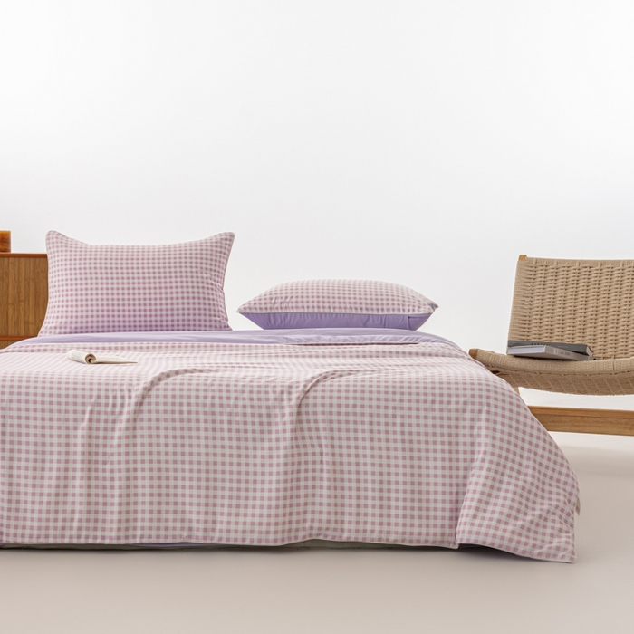 91家纺网 家纺一手货源 找家纺 迪梵家纺 2026新款A类无印风水洗棉格子纯色夏凉被大豆夏被空调被薄被（带买家秀） 紫小格