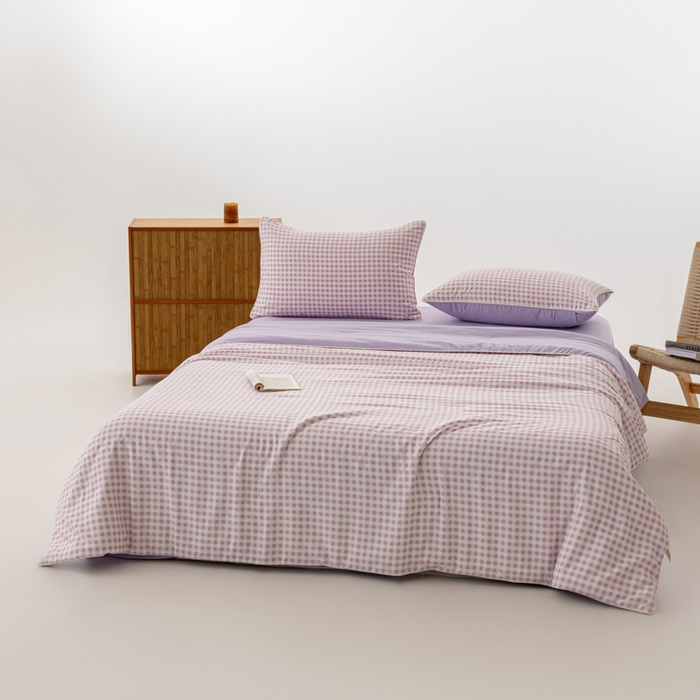 91家纺网 家纺一手货源 找家纺 迪梵家纺 2026新款A类无印风水洗棉格子纯色夏凉被大豆夏被空调被薄被（带买家秀） 紫小格