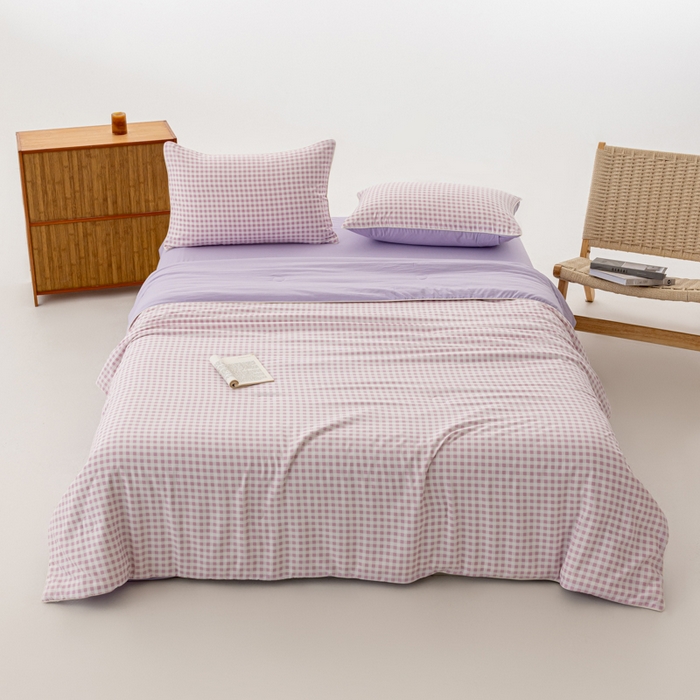 91家纺网 家纺一手货源 找家纺 迪梵家纺 2026新款A类无印风水洗棉格子纯色夏凉被大豆夏被空调被薄被（带买家秀） 紫小格