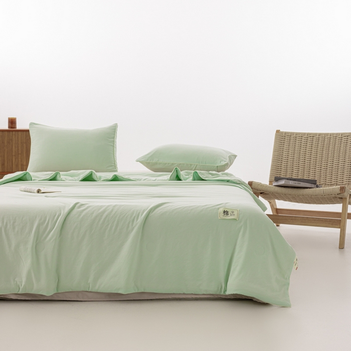 91家纺网 家纺一手货源 找家纺 迪梵家纺 2026新款A类无印风水洗棉格子纯色夏凉被大豆夏被空调被薄被（带买家秀） 清新绿